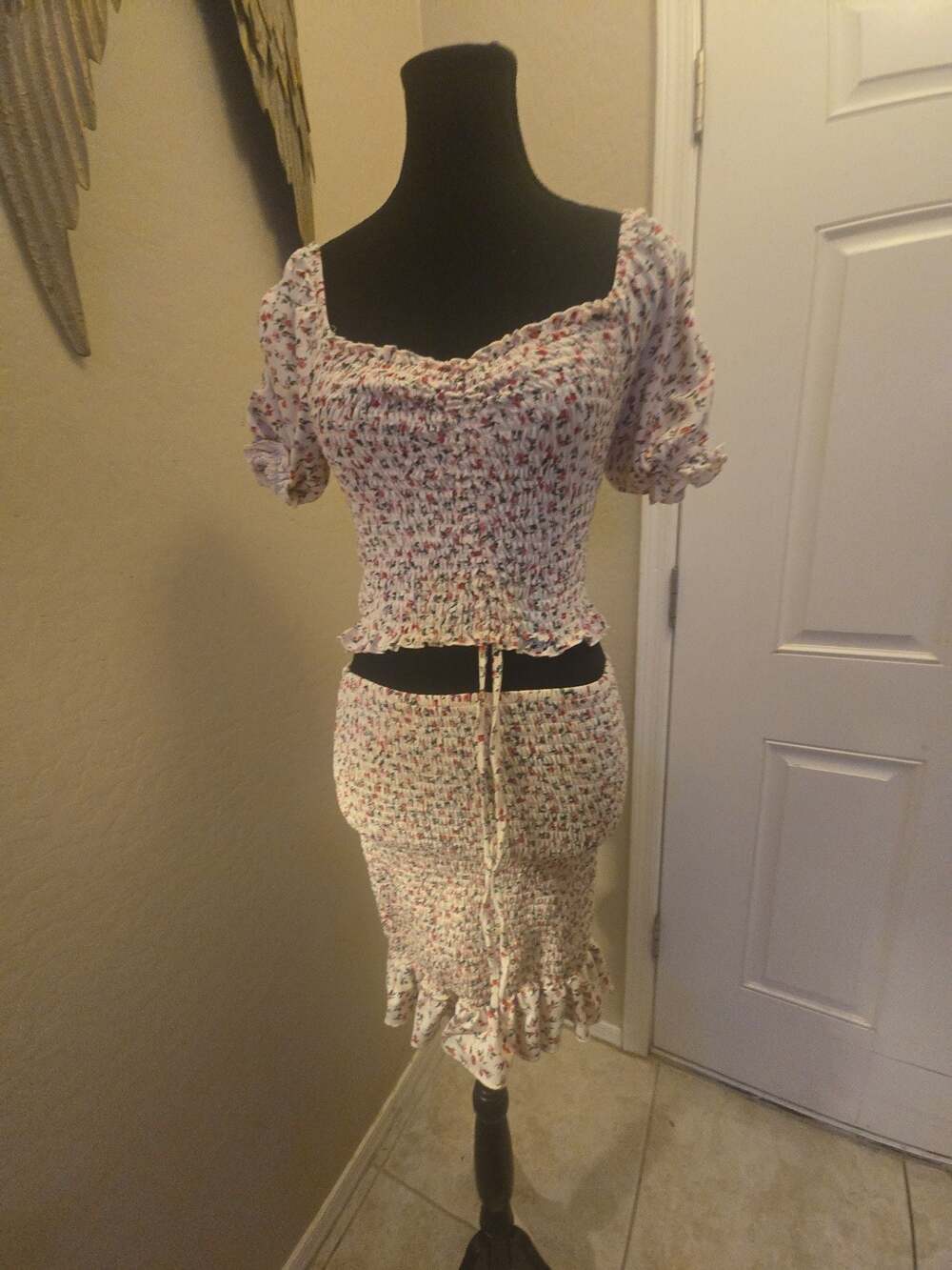 ReVamped Floral Smocked Crop Top & Ruched Mini Skirt 2-Piece Set